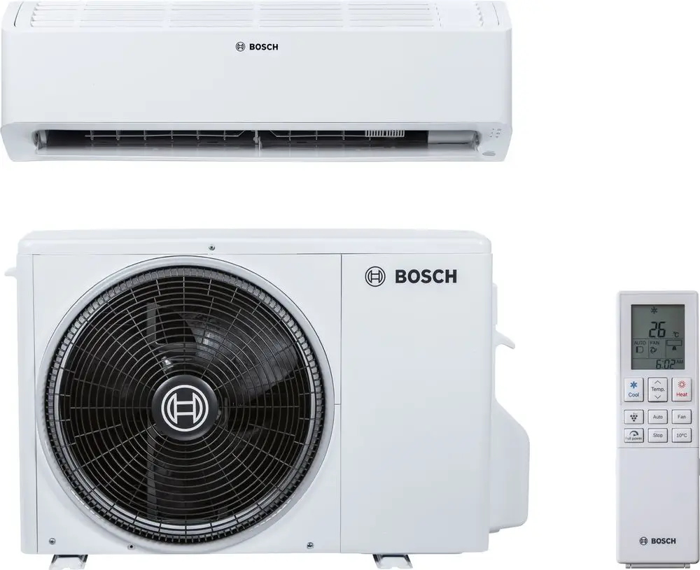 Bosch Split-Klimagerät mit Inneneinheit oben und Außeneinheit unten, daneben eine Fernbedienung zur Steuerung der Klimafunktionen.